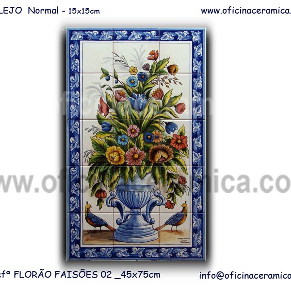 Painel de azulejo Florão Faisões 02 - 45x75cm