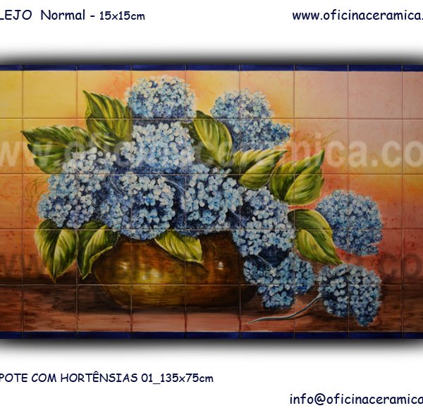 Oficina Criativa - painel de Azulejos Pote com Hortênsias 135x75cm
